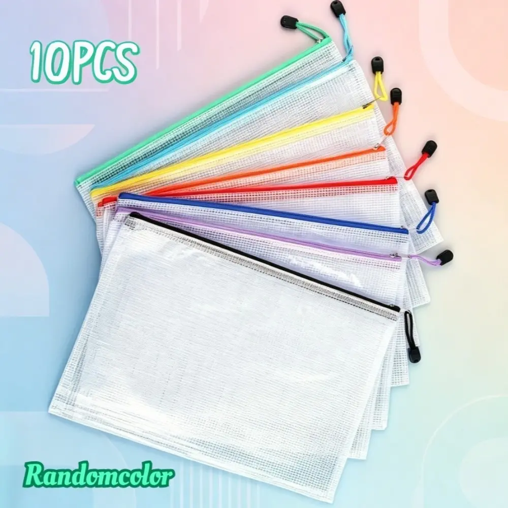 Mesh Fabric Zip Pouch Folders, 5/10 Pcs Transparent Waterproof A4 Large-Capacity Organizer for Office Files Document Storage (School & Office Use)