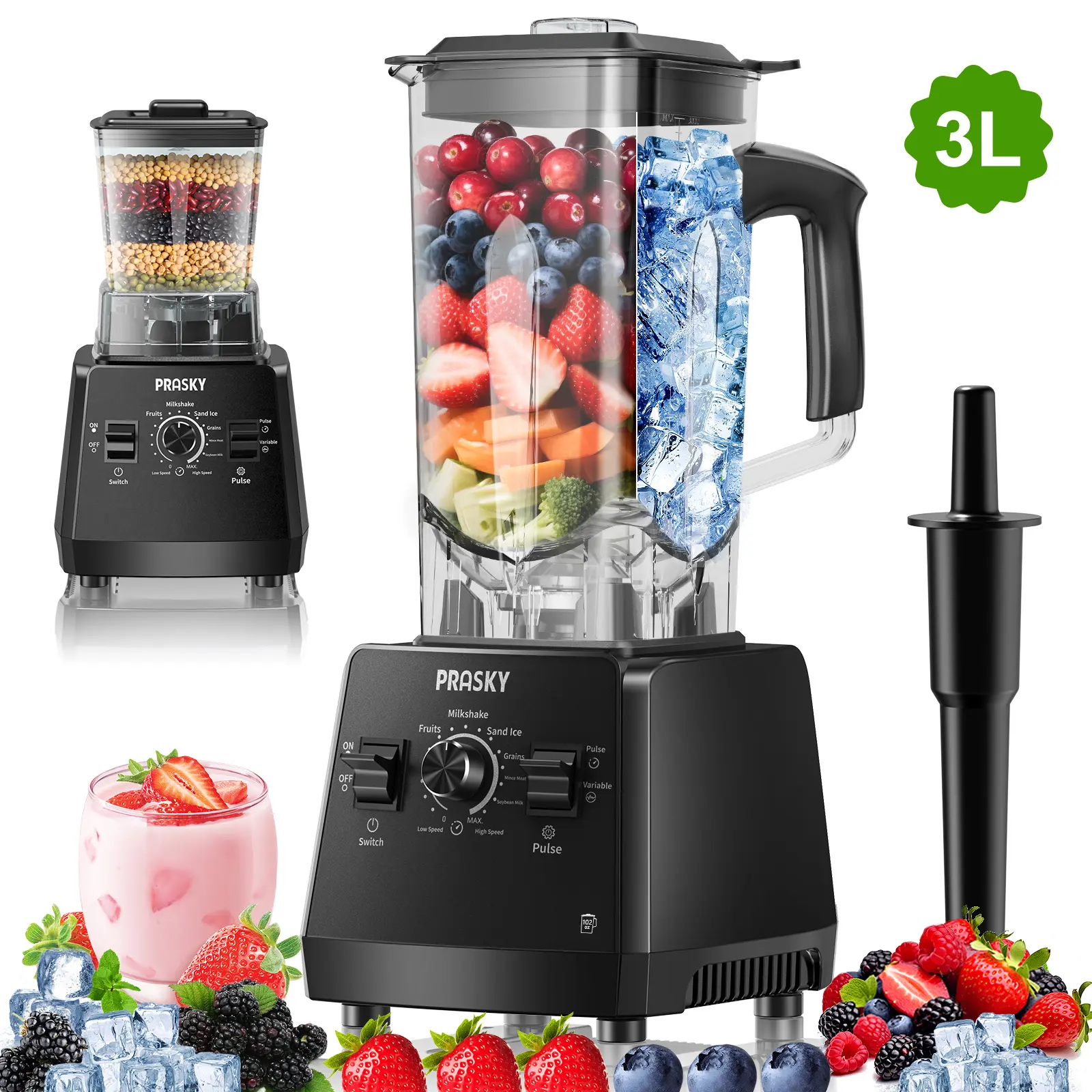 PRASKY High-Speed Blender and Food Processor Combo - 2400W/1000W Kitchen Blender, 3L/102oz BPA-Free Food Grade Pitcher, 25000RPM, Tamper, 2 Containers, Thermal Cut-Off Protection, for Families, Ice Crushing, Whole Fruits