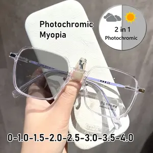 Luxury Photochromic Myopia Glasses Men Women Trendy Square Minus Diopter Eyewear Retro Discoloration Near Sight Eyeglasses