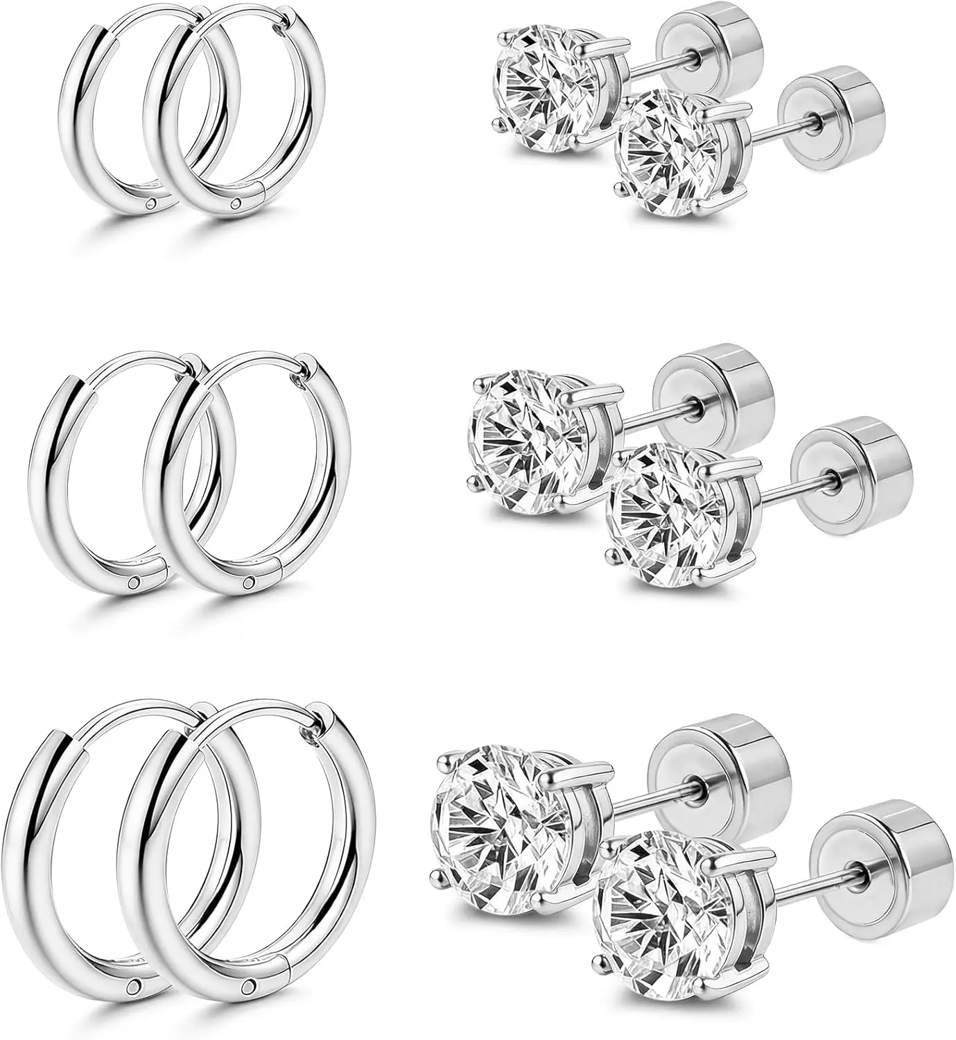 Hypoallergenic Surgical Steel Earrings - 20G Sparkling Cubic Zirconia (CZ) Flat Back Studs & Hoops for Sensitive Ears, Cartilage Piercing Jewelry