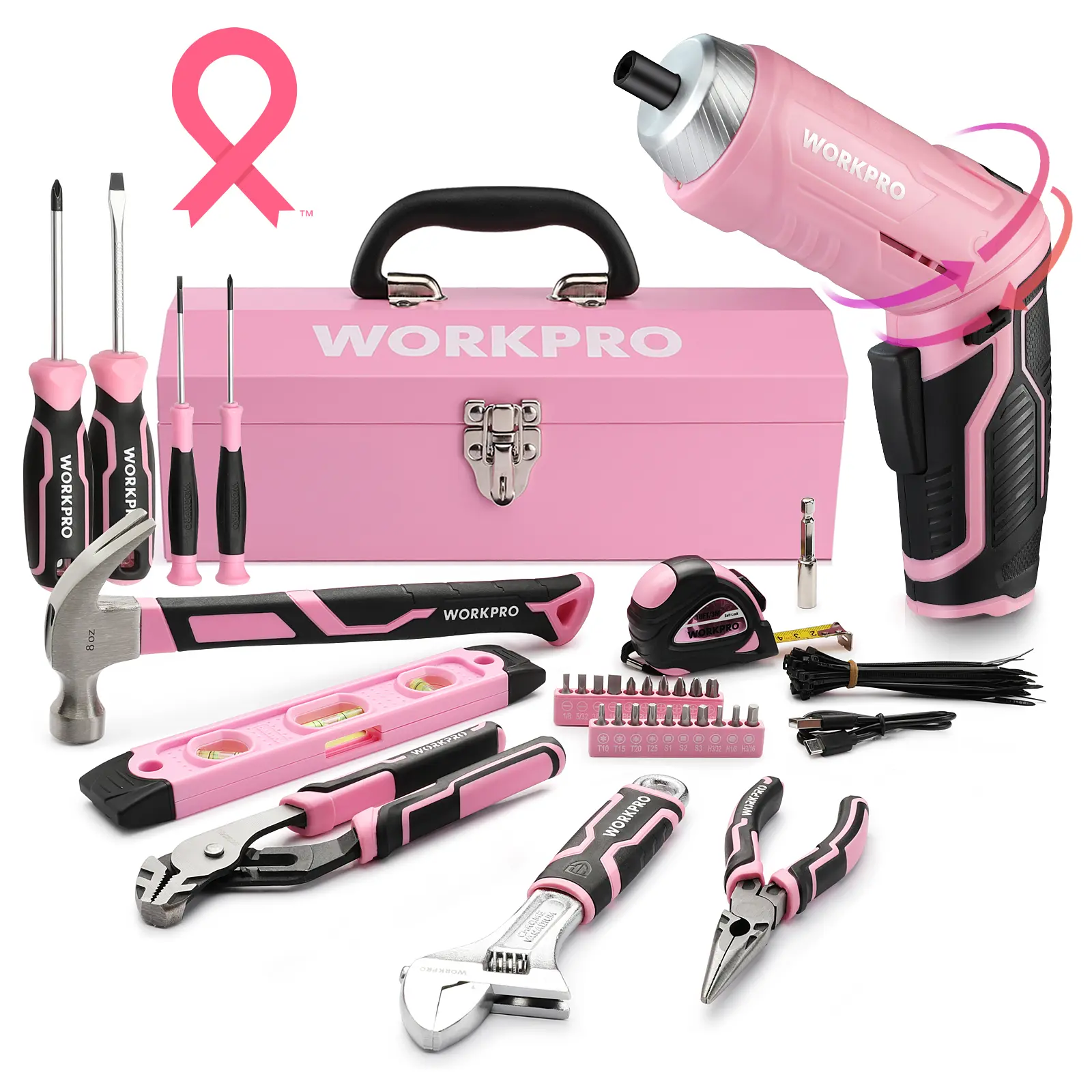 #fathersdaygift WORKPRO 75-Count Pink Tools Set, 3.7V Rotatable Cordless Screwdriver and Household Tool Kit, Basic Tool Set with 13'' Portable Steel Tool Box for Home, Garage, Apartment, Dorm, New House - Pink Ribbon
