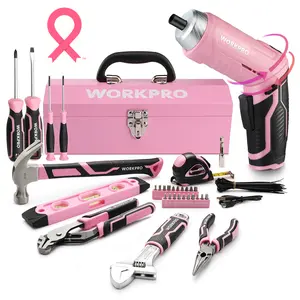 #JumpstartSale WORKPRO 75-Count Pink Tools Set, 3.7V Rotatable Cordless Screwdriver and Household Tool Kit, Basic Tool Set with 13'' Portable Steel Tool Box for Home, Garage, Apartment, Dorm, New House - Pink Ribbon