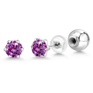 Gem Stone King Platinum Stud Earrings For Women Men Set with 5mm Round Fancy Purple Zirconia