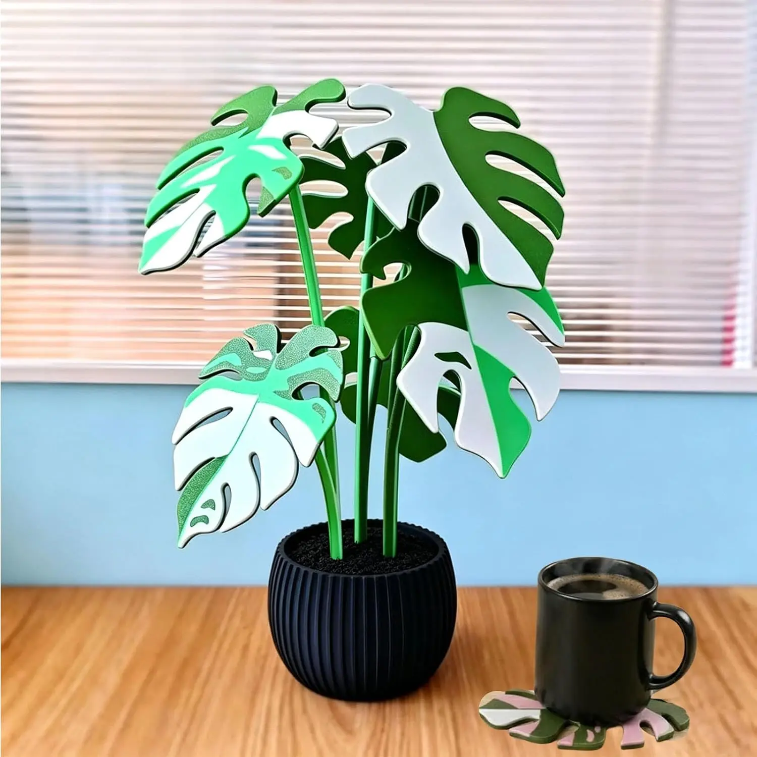 Monstera Plant Coaster Set 6 Leaf Coasters Modern Plant Decor Functional Home Decor Great for Desks Gift for Plant Lovers (Multicolor Pink)