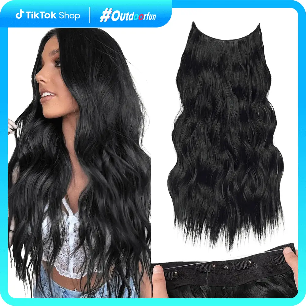 AISI BEAUTY Invisible Wire Hair Extensions with Transparent Wire Haircounts for Women Long Curly Wavy Headband Adjustable Size 4 Secure Clips Syntheti