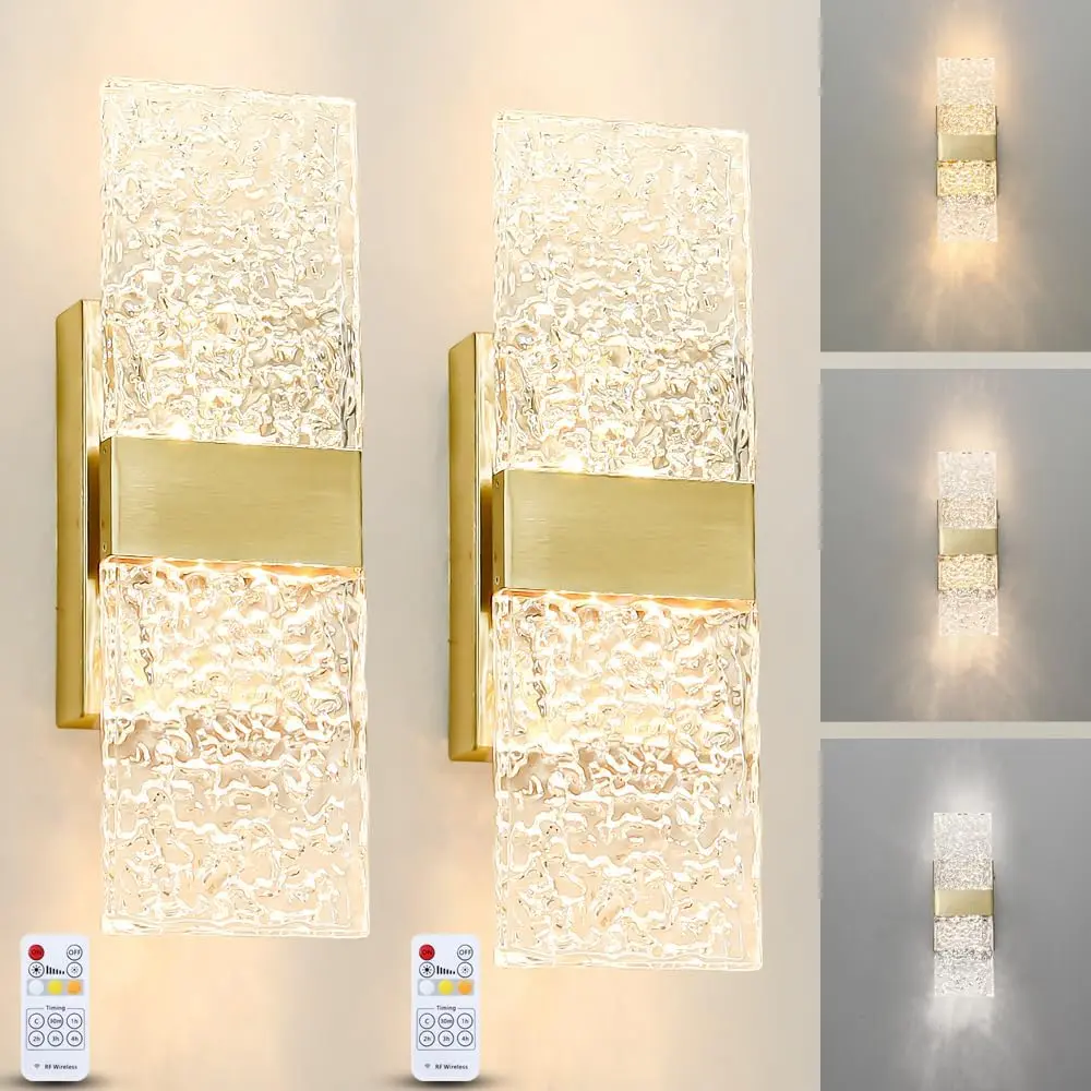 Set of 2 Modern Brushed Gold Brass Wall Lights, Rechargeable Battery-Operated LED Wall Sconces with Acrylic Shade, Remote Dimmer, Wireless Indoor Room Decor for Bedroom, Living Room Art Fixtures, Wall Light