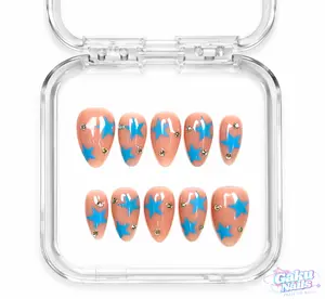 GakuNails BLUE NOVA 10 PCS Short Almond Handmade Press On Colorful Graffiti Star Print Builder Gel selectable size Reusable Nails