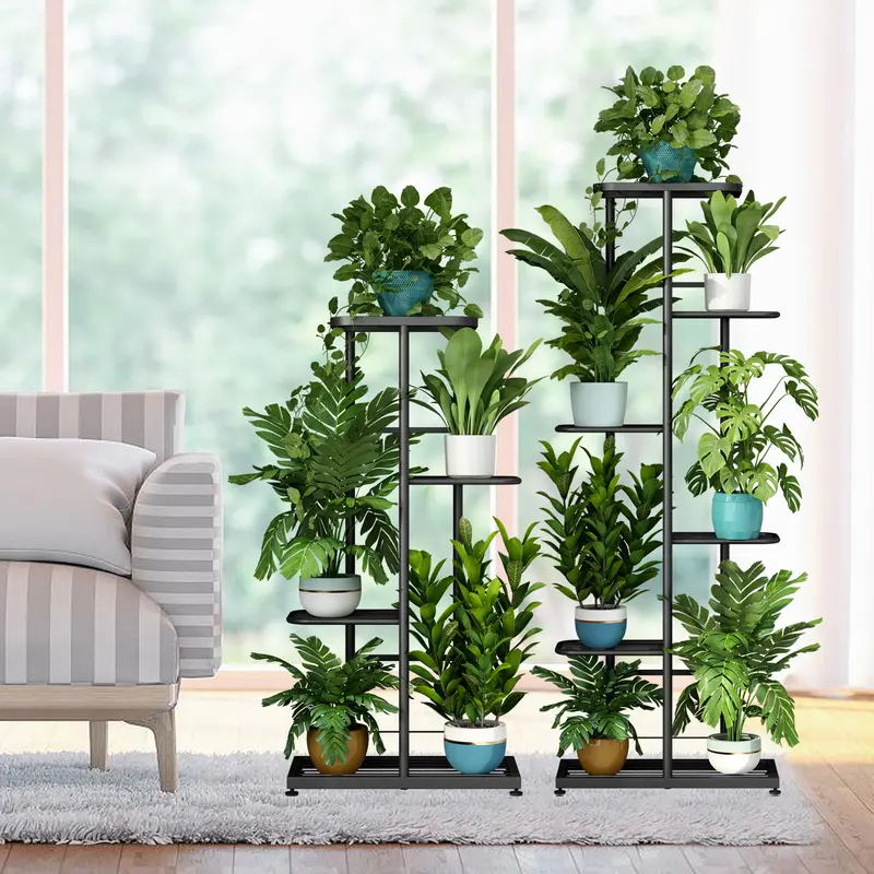 Linzinar 4-Tier Metal Grid Plant Stand - Antirust Spraying Heavy-Duty Iron, Wipe-Clean Smooth Shelves, Holds 5 Potted Plants, Indoor/Outdoor Balcony Bedroom Organizer Storage Rack (Garden Accessories, Trophies Compatible),home decor