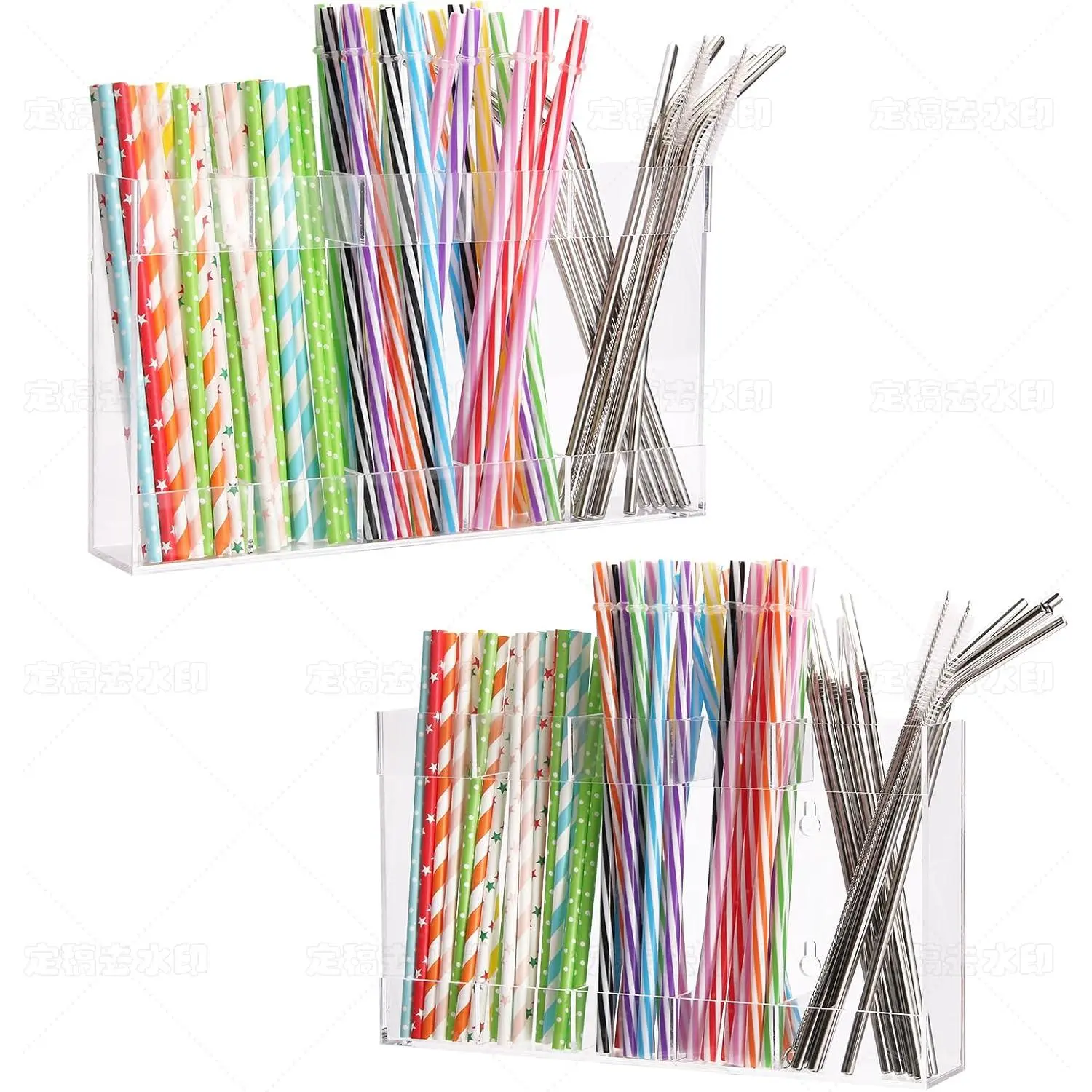11-Inch Large  Straw Holder for Cabinet Door & Countertop - Space-Saving Organizer with 2 Straw Brushes, No-Trace Hook Installation