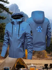 Men's Hooded Windproof Jacket, Meat Pad Print Design, Waterproof Outdoor Functional Coat, Spring & Fall Fashion Outerwear