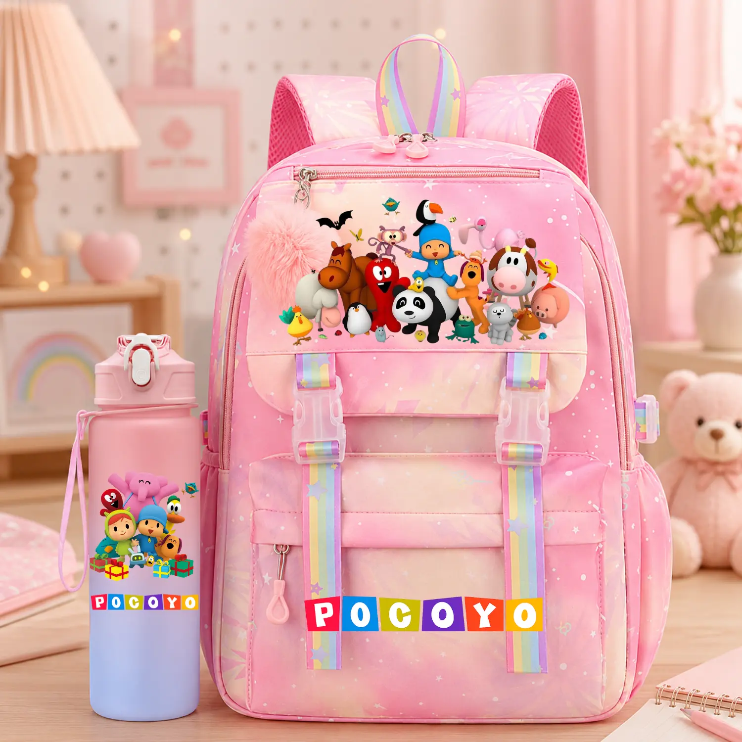 2PCS Pocoyo Backpack Set for Girls, Pink Kids School Bookbag with Matching Water Bottle, Large Capacity Student Travel Bag