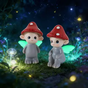 2pcs Fluorescent Winged Mushroom Fairy Resin Statue, Cute Garden Bonsai Decoration, Exterior Decorative Statues, Valentine's Day Easter Gift for Family and Friends, Garden Gnome Statue