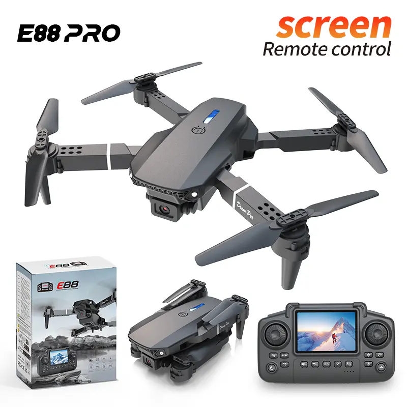 E88 PRO Drone with Built-in screen control, Camera for Adults RC Drone With 720P HD Dual Camera FPV Foldable Quadcopter Aircraft +1800mha Battery (E88 Dual camera Black)