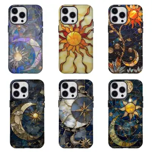 Sun Moon Celestial Faux Stained Glass Collection Printed Tough Phone Case(Not 3D Print) for iPhone17Pro 17Promax 16 15 14 13 12 11 and for Samsung Series Mosaic Aesthetic Fashion Trendy High Quality Design Accessories Perfect Gift for Women Men