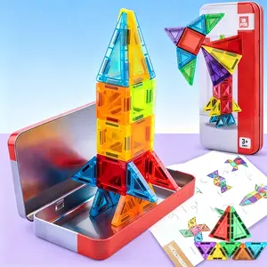 3D Magnetic Tiles Building Blocks Set - Travel Friendly Magnetic Rocket & Castle Toy, STEM Educational Construction Set for Toddlers & Kids, Creative Learning Toy with Portable Storage Tin Case