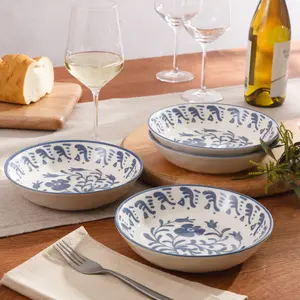 Bloomhouse - 2-Time Oprah’s Favorite Things - Valencia Flor 4 Piece Dinner Bowl Set, 8” Stoneware Pasta Bowls, Mediterranean Floral Decal Design, Microwave & Dishwasher Safe, Iris Blue