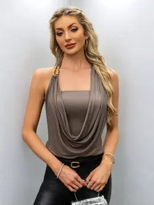 Women's Plain Beads Decor Draped Halter Neck Top, Casual Sleeveless Fitted Cropped Crop Fit Slim Camisole Top for Daily Wear, Ladies Clothes for All Seasons, Casual Fashion Style Bohemian Sleeveless Summer Tops, Womenswear