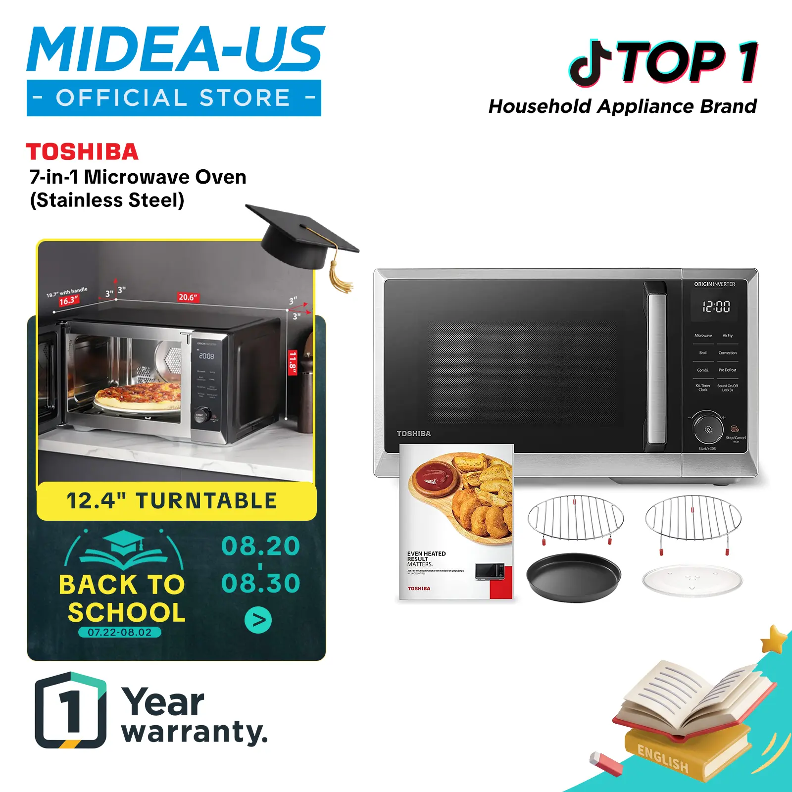TOSHIBA 7-in-1 Countertop Microwave Oven, 1.0 cuft. Air Fryer Combo with Inverter Convection, Humidity Sensor, Even Defrost, 27 Auto Menu & 47 Recipes Kitchen Appliances