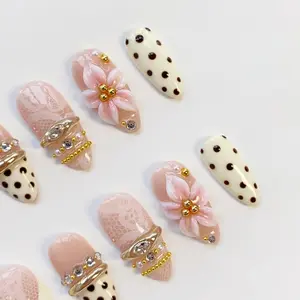 Long Almond Press-On False Nails, White Lace-Yellow 3D Gel Bangle Style with Gold Chrome Accents, Elegant Summer Birthday Nail Art Accessories