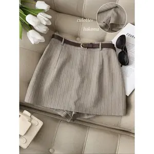 Women's High-Waisted Belted Short Skirt, Soft Texture Striped Woven Fabric, Casual Commuter Fashion, Inner Safety Pants Included, Bottom
