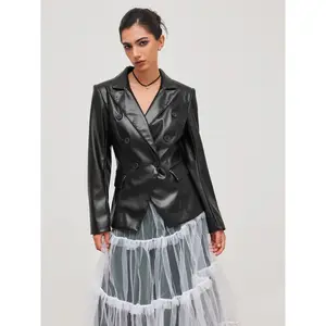 Cider [size 2-10] Faux Leather Collar Solid Button Pocket Blazer