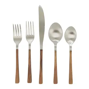 Saro Lifestyle  Wood Handle Stainless Steel Flatware - Set of 5, Cutlery, Utensils, Wooden, Dinnerware