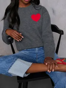 Autumn Winter New Women's Sweater Round Neck Heart Patchwork Long Sleeve Knitwear, Casual Fashion Pullover for Ladies Womenswear Knitting