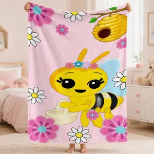 Cute Bee Flannel Blanket for Kids – Soft Fleece Throw Blanket with Cartoon Bumblebee, Flowers & Beehive Design, Cozy Air Conditioning Blanket for Girls, Toddlers, Nursery, Bed, Sofa, Birthday Gift
