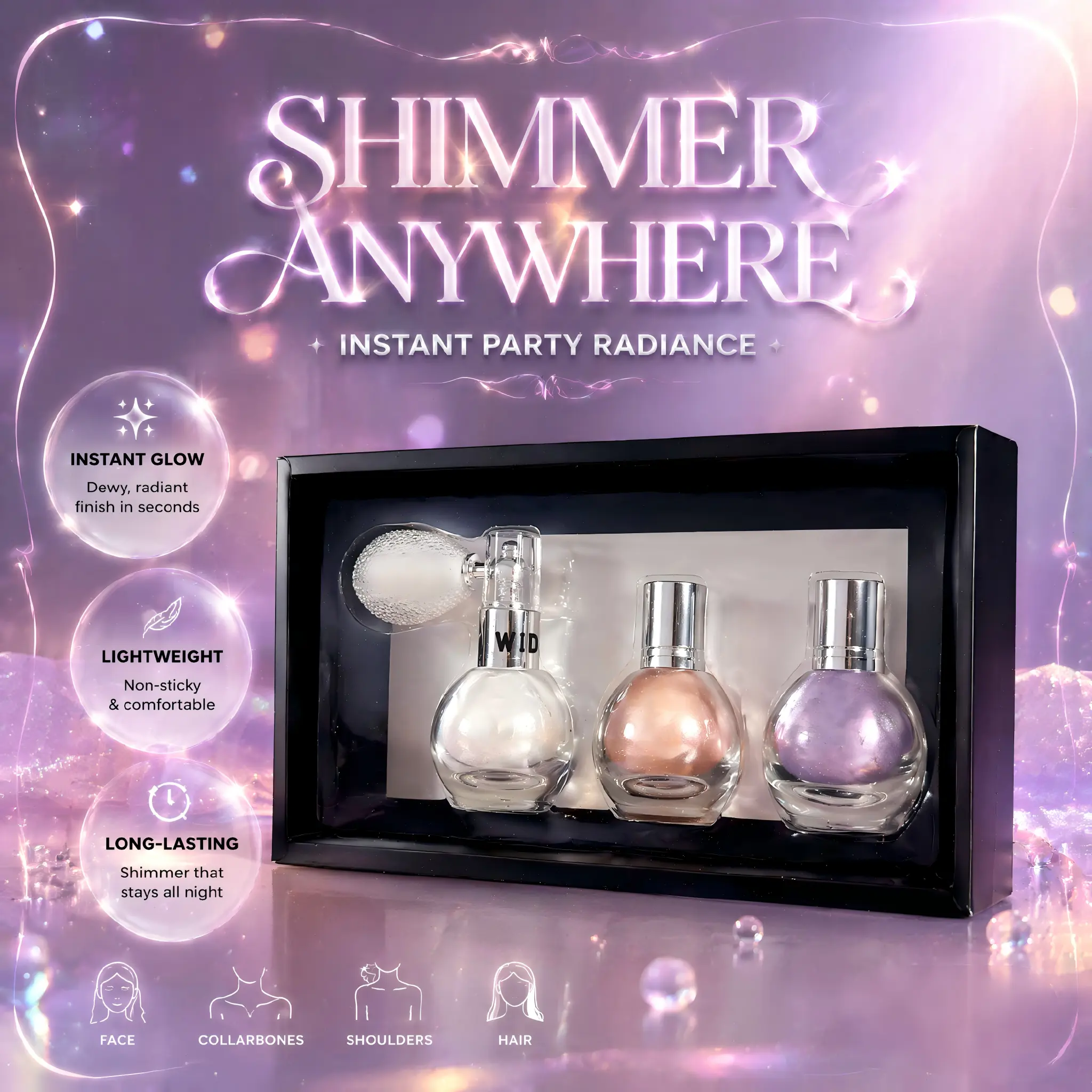3PCS Face and Body Highlighter Spray, Starlight White | Champagne Bronze |  Alluring Purple High Gloss Shimmer Powder Glow Makeup Glitter Spray for Mardi Gras Carnival Music Festival Outfits Rave Accessories