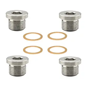 M18 X 1.5 O2 Oxygen Sensor Plug with Copper Washer, 304 Stainless Inner Hex Head Plug - 4 Pack