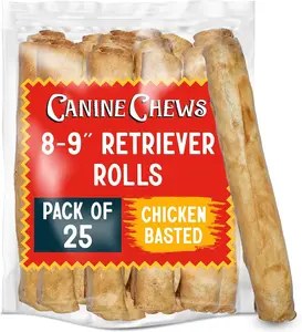 Canine Chews 8-9" Chicken Basted Dog Rawhide Retriever Rolls (25 Pack) - Chicken Rawhide Bones for Large Dogs - 100% USA-Sourced Chicken