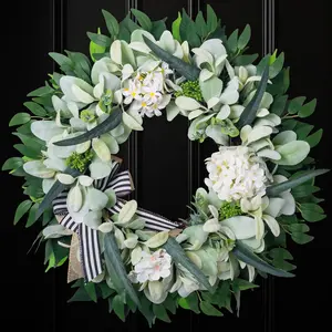 Lamb’s Ear Wreaths for Front Door Window Porch, 20-22" Spring Summer Greenery Wreath for Indoor Outdoor Farmhouse, Artificial Year-Round Hmoe Decor with Bo