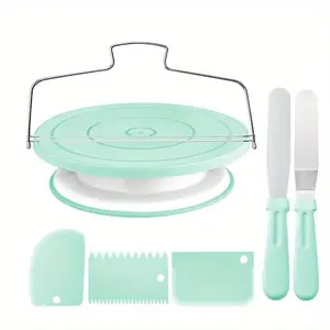 7pcs set cake turntable, birthday cake piping turntable, baking cream scraper, spatula, cake layering tool, cake decoration nozzle, pastry paper cup cake baking pan decoration, baking tools, piping tools, cake tools, cream, cookies, kitchen gadgets