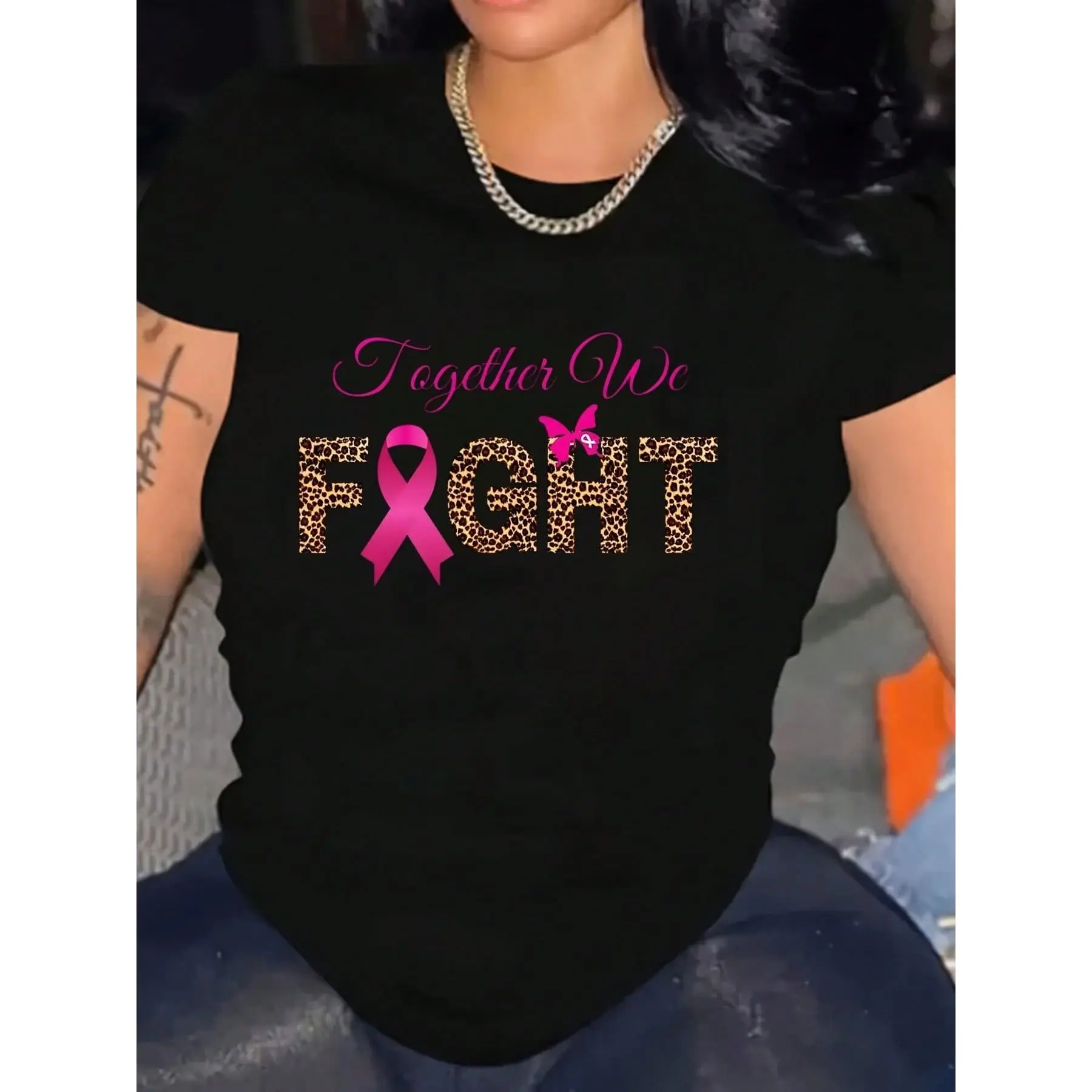 Women's Plus Size Short-Sleeve Round Neck Printed Statement T-Shirt - Comfortable Everyday Fabric, Slight Stretch Regular Fit, Breast Cancer Awareness Casual Top, All Seasons Black Independence Day-Ready Tee
