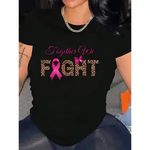 Large Size Breast Cancer Awareness Tee Black Crew Neck Cotton Tshirt for Women Independence Day Casual Streetwear Regular Fit Tops Fabric Womenswear Summer Soft Letter Pattern