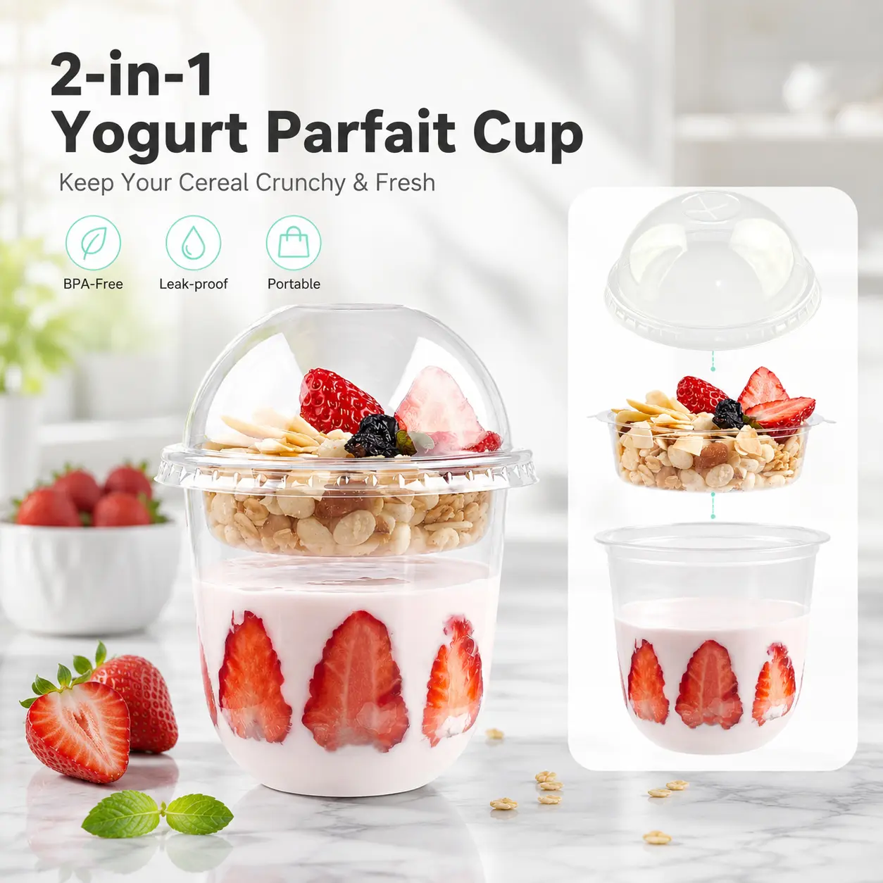 Disposable Food-Grade Plastic Parfait Dessert Cups - Lightweight, Transparent, Leakproof, Stackable with Dome Lids & Cup Holders (9oz Model 90, 12oz Model 90U, 50 Pack Per Size) for Pudding, Wedding Catering