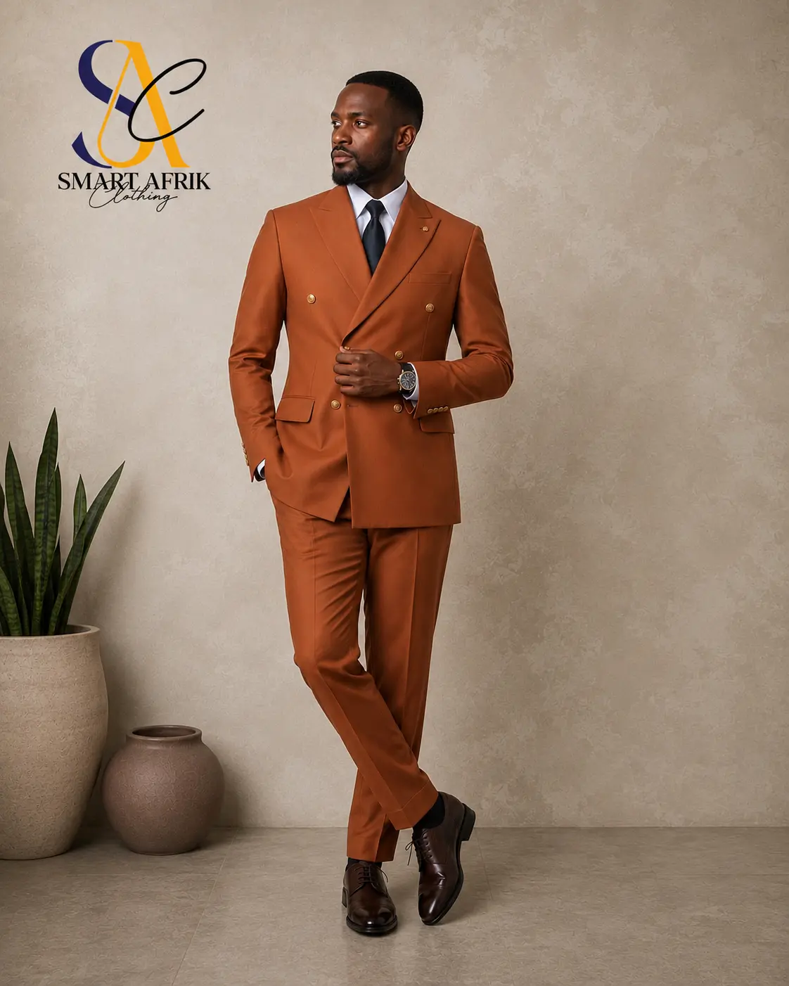 Men's Elegant Orange Double-Breasted 2-Piece Suit