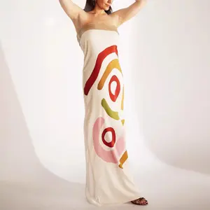Women’s Strapless Satin Maxi Dress – Sexy Fashionable Patterned Print Gown, Elegant Evening Party & Wedding Guest Dress
