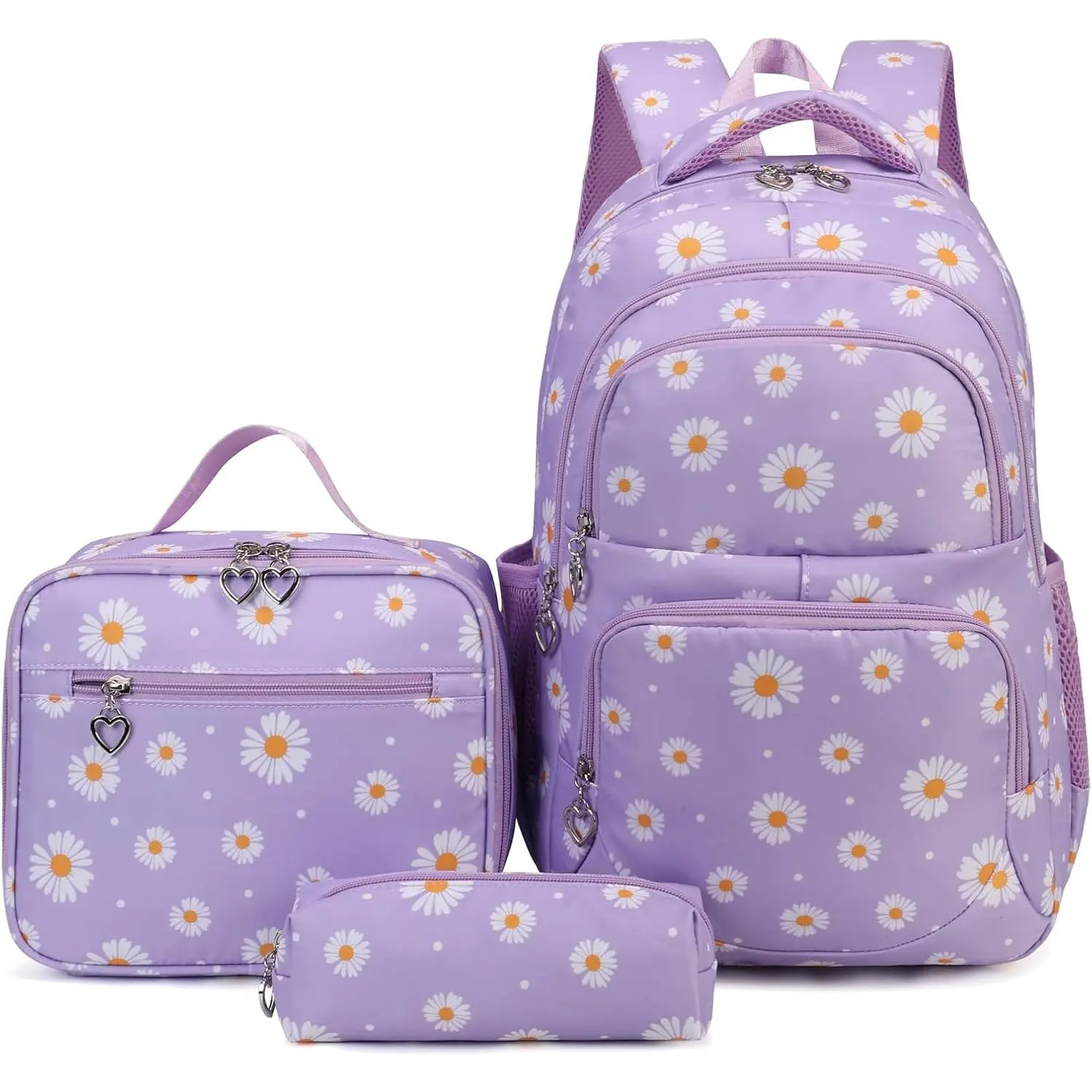 Girls' 3-in-1 Nylon Waterproof Backpack Set - Kawaii Preppy Minimalist, 14" Laptop Padded, Cute Daisy Graphic, Thermal Lunch Box, Pencil Case, 2 Front Zip Pockets, Mesh Bottle Pockets, Adjustable Straps, Sturdy, Line Dry, Back To School