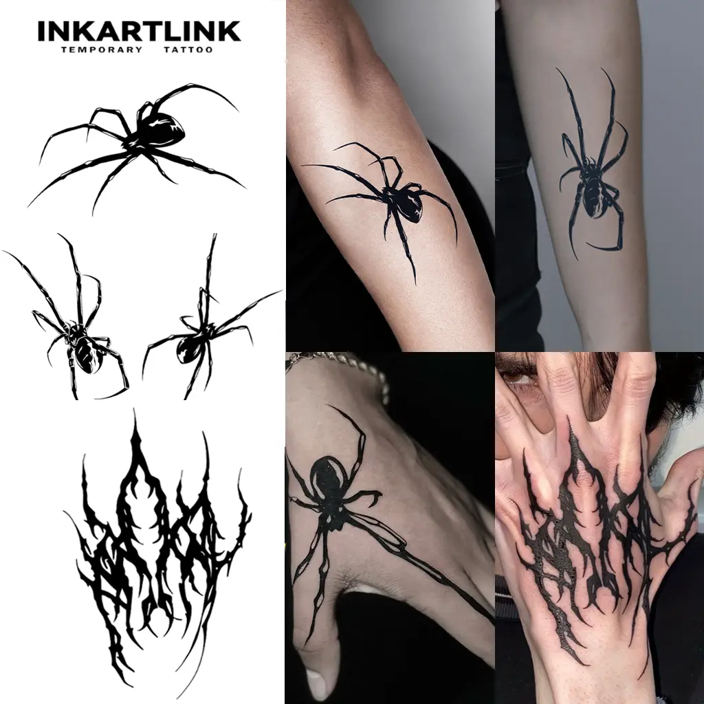 INKARTLINK Tattoo Tech, 2 Sheets Semi-Permanent Temporary Tattoos, Spider Series 2, Adult Art Design,Lasts 1-2 Weeks, Waterproof, Realistic Look, No Adhesive, No Reflection,For Man And Woman Finger,Ideal for Swimming, Party