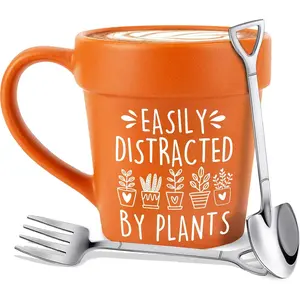 14oz Large Plant Mug With Shovel Spoon & Fork Easily Distracted By Plants Flower Pot Coffee Mug Gardening Mug - Handmade Plant Lover Gifts Idea for Women Grandma Mom Mothers Day Christmas