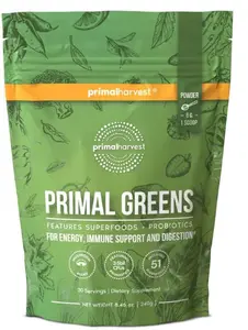 Primal Harvest Super Greens Powder, 30 Servings w/+50 Greens Superfood Chlorella, Probiotics, Green Tea, Wheatgrass, Kale, Turmeric for Energy,Primal Greens