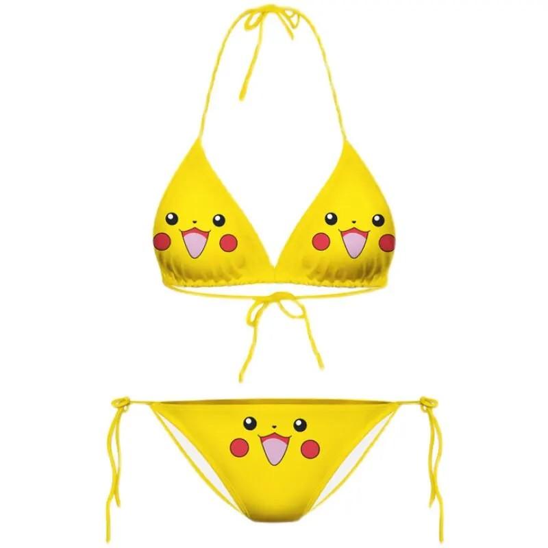 Pikachu-Inspired Three-Piece Bikini-Women's Yellow Halter Tie Triangle Bikini,Sexy Cartoon Two-Piece for Hot Spring Bathing Suit