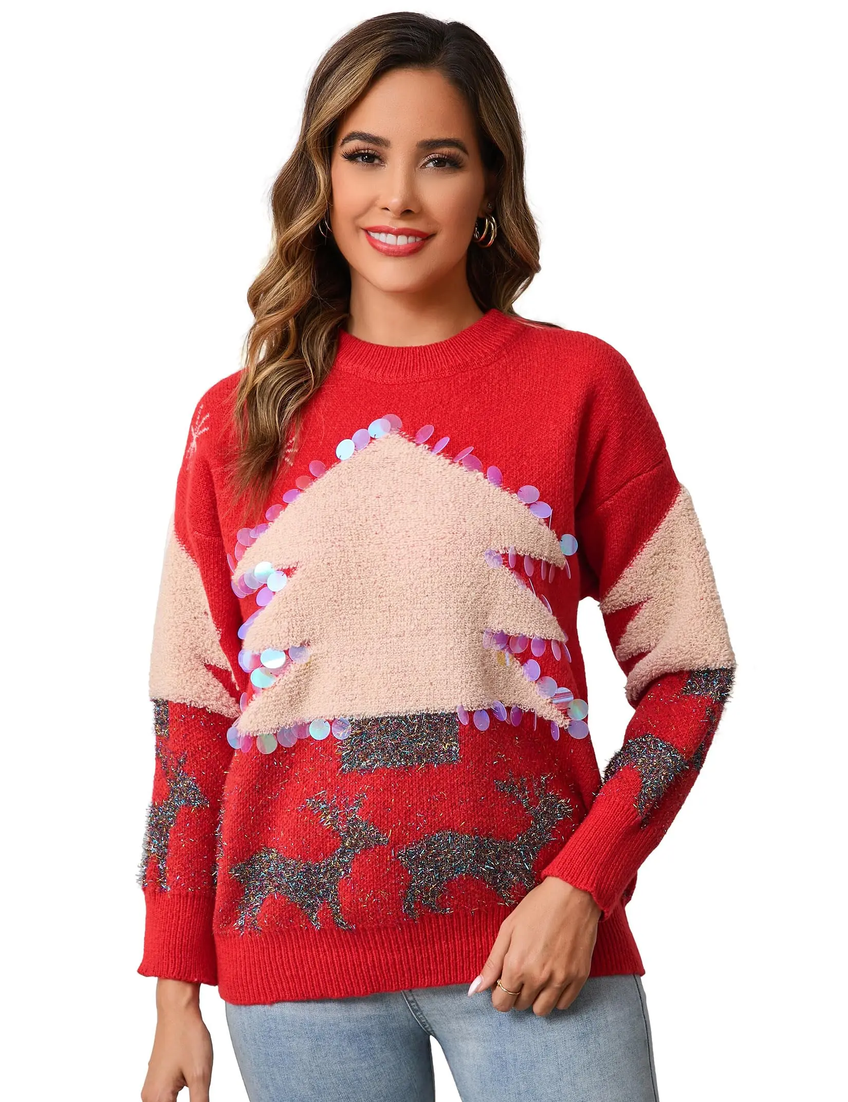 GARVEE Women's Christmas Sweater, Novelty Sequined Crew Neck Pullover with Handmade Christmas Tree and Deer Jacquard Design in Red, Size L