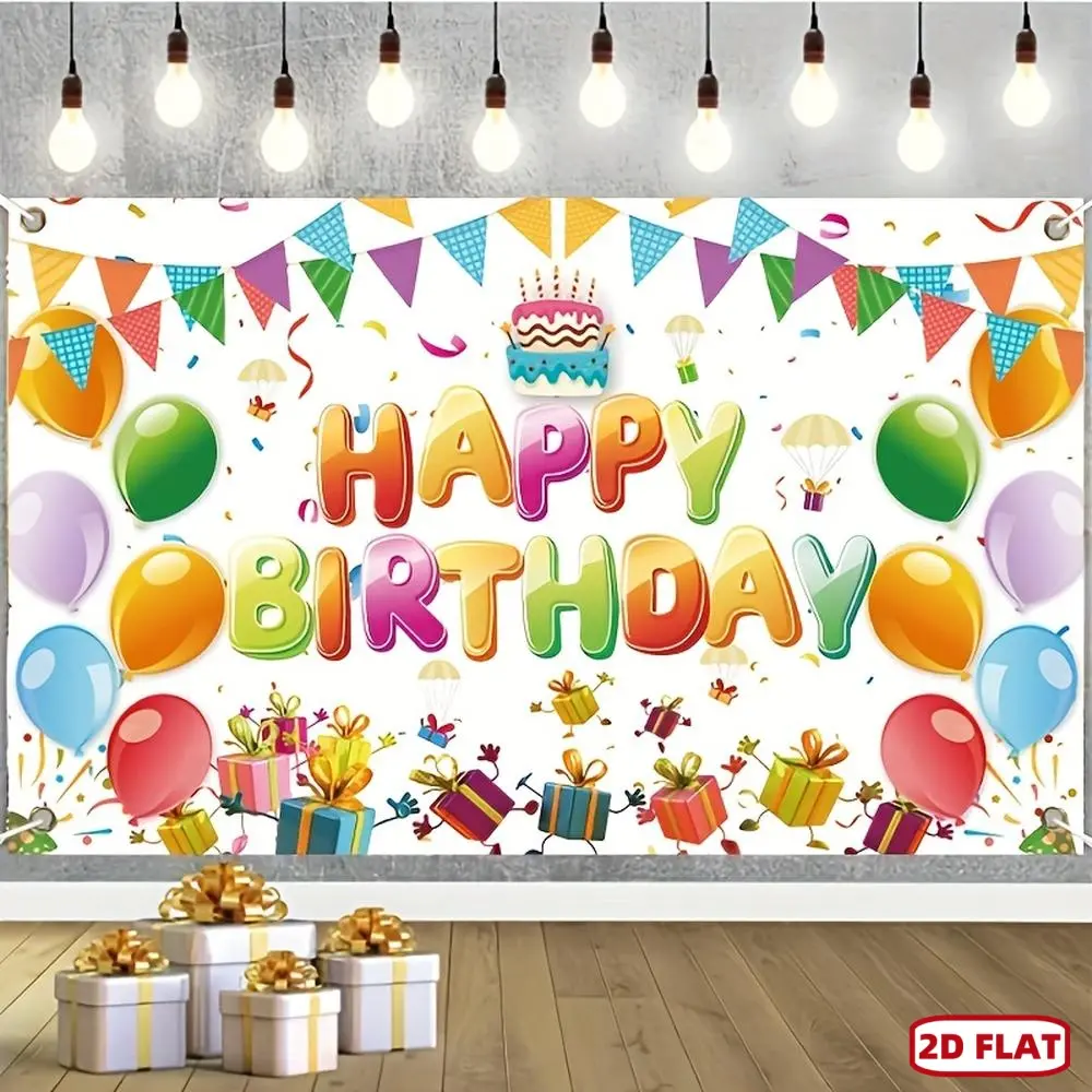 1pc 2D Flat banner , Happy Birthday Banner, **, White Background with Colorful Patterns for Birthday Party Decoration, Polyester Backdrop Banner for Birthday Dinner Decor, Birthday Wall Decoration