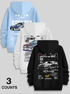 Men's Casual Loose Hooded Sweatshirt, Classic Versatile Letter Car Pattern Printed Fleece Pullover, 3-Pack Set for Fall & Winter