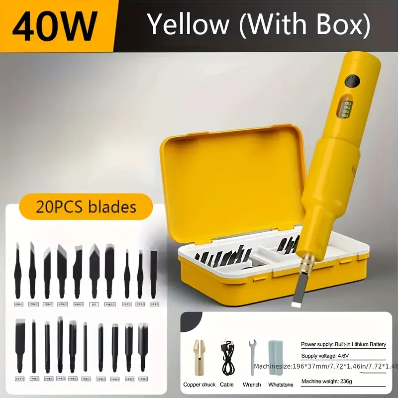 Cordless Electric Wood Carving Chisel with 20PCS Replaceable Blades | 4.2v Cordless Electric Wood Chisel. USB-C Rechargeable. For Wood Carving, Engraving, Shaping, DIY Projects