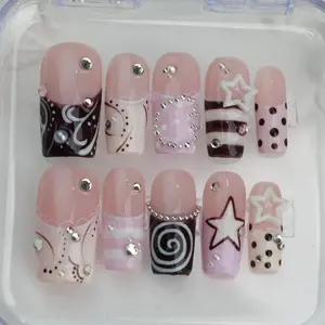 Pink Y2K Striped Star Press On Nails, Glitter Starburst Nails, Elegant French Tip Nails, Handmade Gel Nails, Reusable Full Cover Nail Set