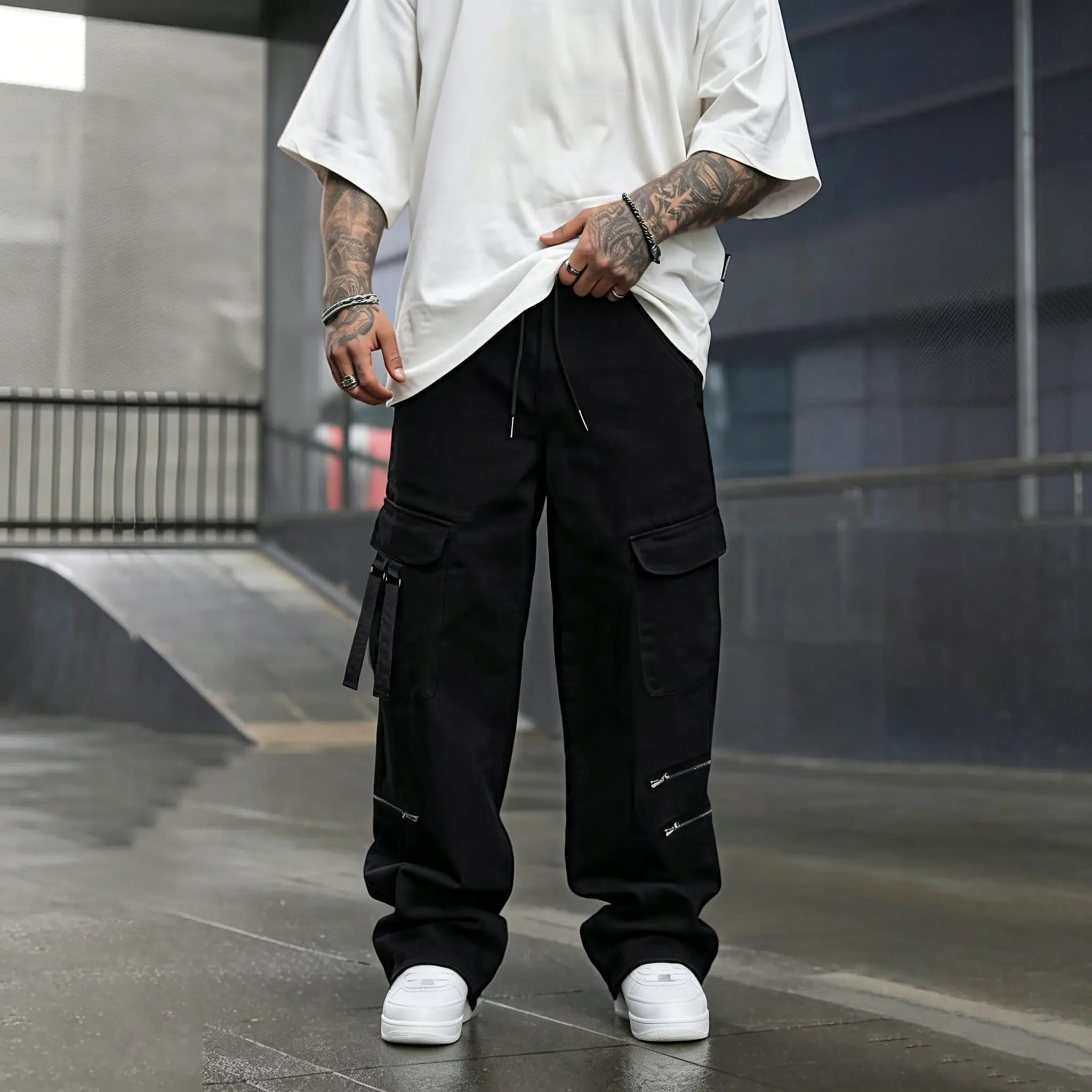 Men's Black Cargo Pants, Multi-Pocket Zipper Wide Leg Techwear Streetwear Casual Trousers