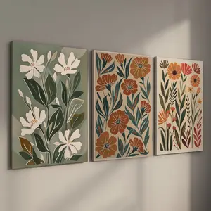 3 Counts Wood Framed Canvas Modern Boho Abstract Flower Wall Art, Wild Flower Nature Floral Art, Ready To Hang, Waterproof Canvas Wall Art, Artwork Wall Painting For Gift, Wall Picture for Bedroom, Living Room, Dining Room, Home And Dormitory Decoration